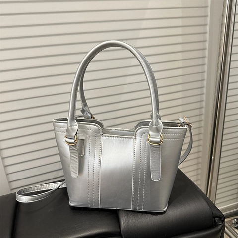 Borsa a Secchiello di Lusso in Pelle PU Per Donna Moda Vintage Tinta Unita Borsa a Mano Con Hardware Dorato Borsa a Tracolla