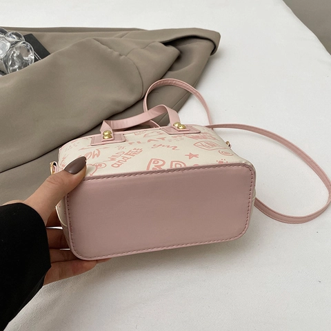 Mini Bucket Tote Bag PU Leather Graffiti Print Rivet Decor Contrast Color Crossbody Handbag For Women Casual