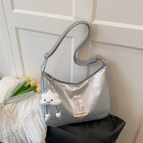 Women Large Capacity PU Leather Shoulder Bag Minimalist Hobo Tote With Adjustable Strap And Cloud Plush Charm
