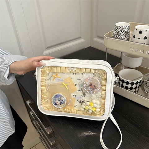 Women Japanese Casual PU Leather Ita Bag With Large Transparent Window Shoulder Crossbody Tote Bag For Anime Display