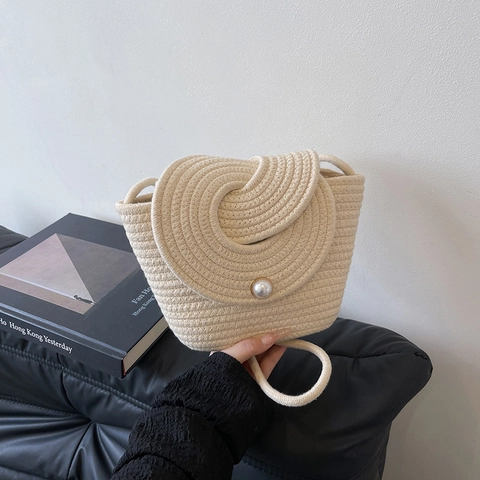 Handgefertigte Gewebte Umhängetasche Kunstperlen Verzierung Spiralmuster Sommer Strand Urlaub Stil Damen Crossbody Tasche