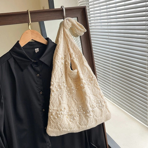 Women Woven Tote Bag Crochet Hollow Out With Artificial Pearl Decorations Large Capacity Beach Vacation Handbag