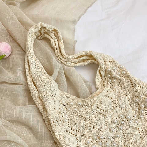Women Woven Tote Bag Crochet Hollow Out With Artificial Pearl Decorations Large Capacity Beach Vacation Handbag