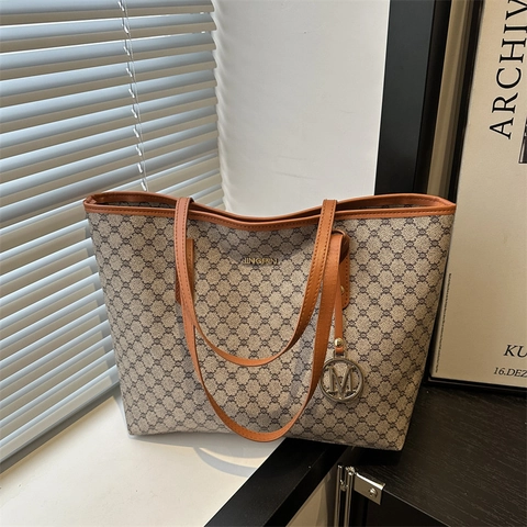 Dames Tote Bag Grote Capaciteit PU Leer Vintage Geometrische Print Schoudertas Met Ronde M Hanger Mode Forens