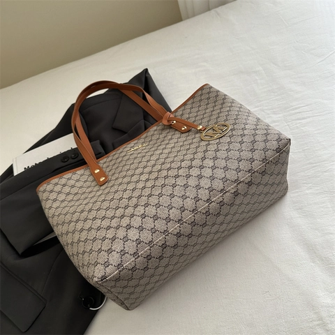 Dames Tote Bag Grote Capaciteit PU Leer Vintage Geometrische Print Schoudertas Met Ronde M Hanger Mode Forens