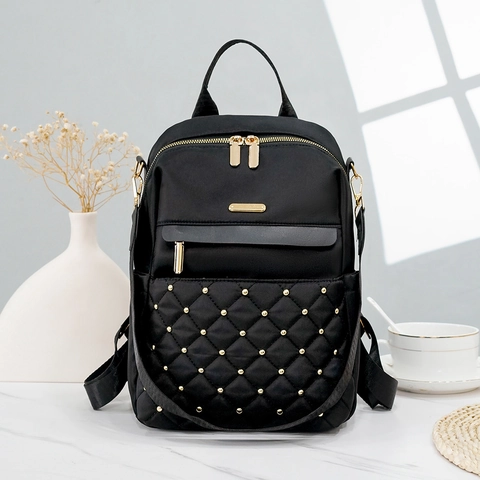 Mode Damen Rucksack Gestepptes Rautenmuster Goldene Nieten Wasserdichtes Nylon Große Kapazität Schulrucksack Schick