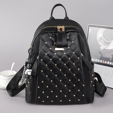Damen Mode PU Leder Rucksack Gestepptes Rautenmuster Mit Goldnieten Große Kapazität Lässige Reise Schultasche