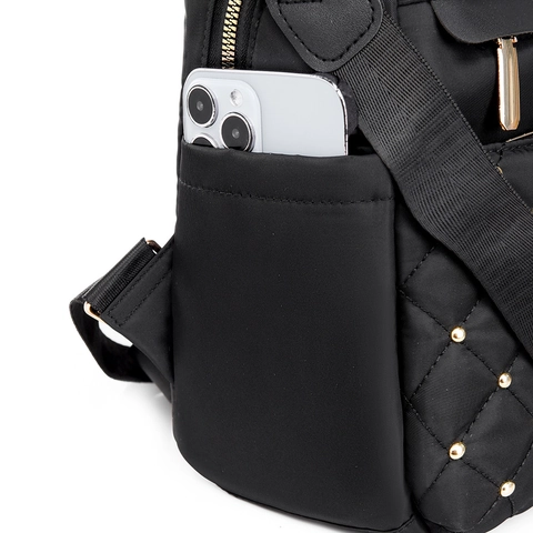 Mode Damen Rucksack Gestepptes Rautenmuster Goldene Nieten Wasserdichtes Nylon Große Kapazität Schulrucksack Schick