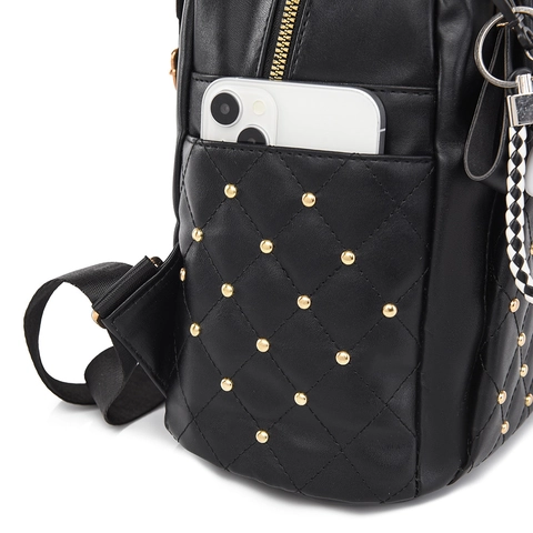 Damen Mode PU Leder Rucksack Gestepptes Rautenmuster Mit Goldnieten Große Kapazität Lässige Reise Schultasche