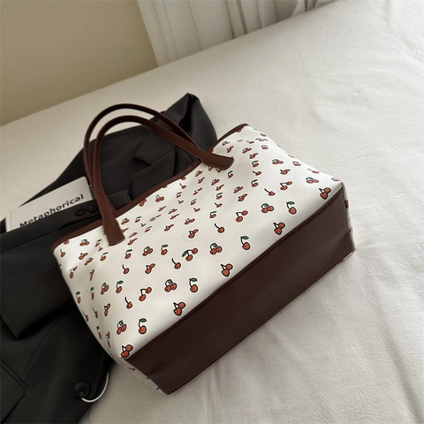 Grote Capaciteit PU Lederen Dames Tote Bag Kersendruk Schoudertas Voor Studenten Casual Stijl
