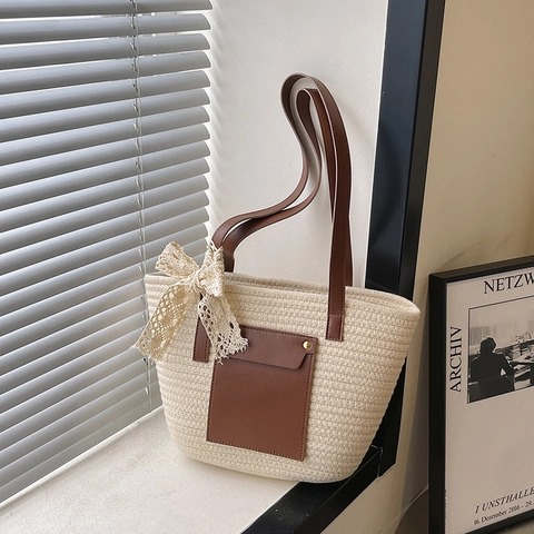 Damen Stroh Gewebte Tote Bag Große Handtasche Mit PU Leder Tasche Und Spitze Schleife Sommer Strand Urlaub Stil