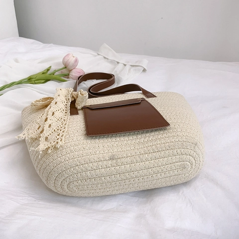 Damen Stroh Gewebte Tote Bag Große Handtasche Mit PU Leder Tasche Und Spitze Schleife Sommer Strand Urlaub Stil