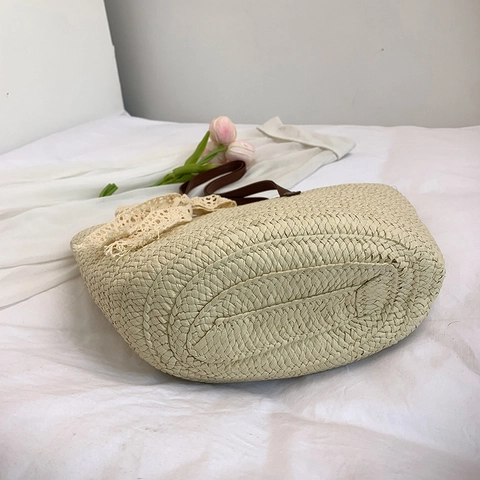 Große Strohgewebte Tragetasche Damen Französischer Stil Strand Schultertasche Mit Spitzenschleife Große Kapazität Sommerurlaub