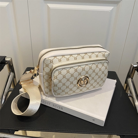 Bolso Bandolera Vintage Con Estampado De Monograma Para Mujer Bolso De Cámara Cuadrado De Cuero PU Con Correa Ancha Logo M