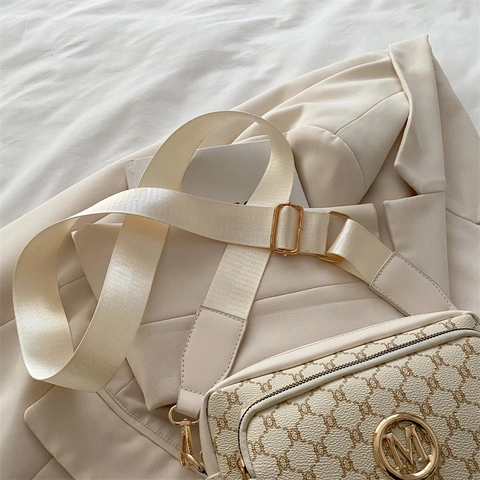 Women PU Leather Crossbody Bag Vintage Monogram Print Small Square Camera Bag Wide Strap Fashion Retro Shoulder Bag