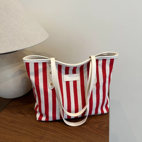 Borsa Tote In Tela A Righe Grande Capacità Vintage Minimalista Borsa A Spalla Casual Per Donne Quotidiana