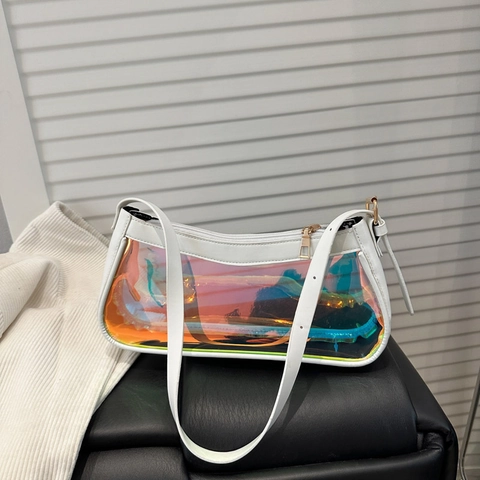 Damen Irisierende Transparente Achseltasche Holographische PVC Laser Baguette Schultertasche Trendiger Y2K Stil
