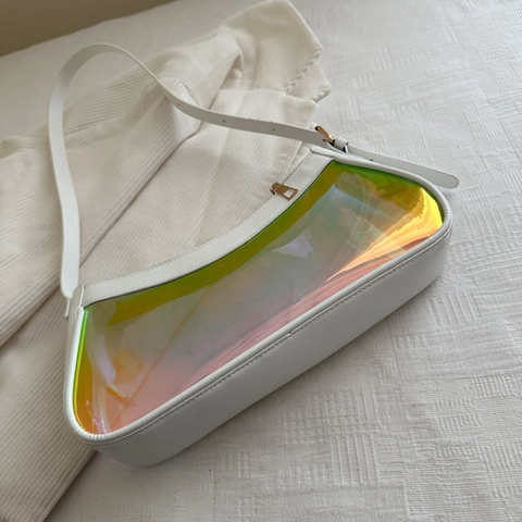 Damen Irisierende Transparente Achseltasche Holographische PVC Laser Baguette Schultertasche Trendiger Y2K Stil