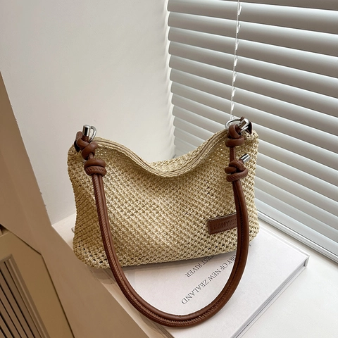 Sac Hobo En Paille Tressée Pour Femme Vacances D'été À La Plage Sac À Épaule Demi Lune Avec Bandoulière Noeud En Cuir PU
