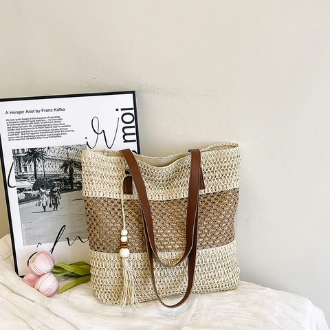 Borsa Tote In Paglia Intrecciata Grande Da Donna Vacanze Al Mare Borsa A Spalla Con Tracolle In Pelle PU E Nappa