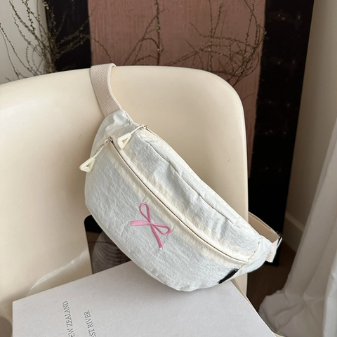 Marsupio Dolce Da Donna Con Ricamo Fiocco In Nylon Pieghettato Tracolla Regolabile Stile Coreano Borsa Da Petto Casual