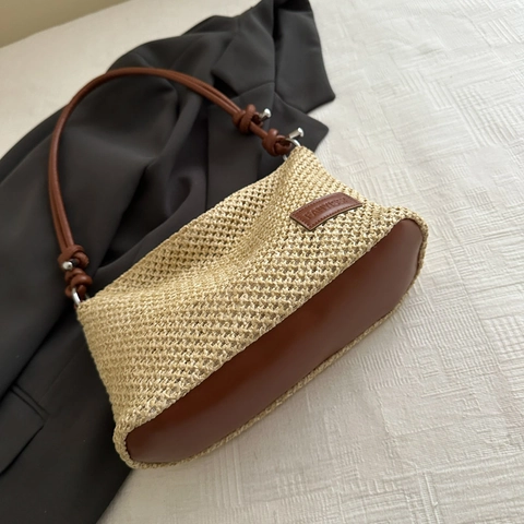 Sac Hobo En Paille Tressée Pour Femme Vacances D'été À La Plage Sac À Épaule Demi Lune Avec Bandoulière Noeud En Cuir PU