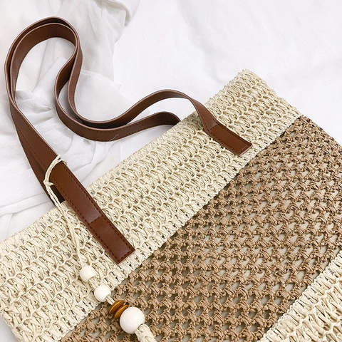 Borsa Tote In Paglia Intrecciata Grande Da Donna Vacanze Al Mare Borsa A Spalla Con Tracolle In Pelle PU E Nappa