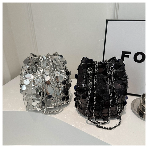 Sequin Bucket Bag For Women Trendy Reflective Metal Chain Shoulder Handbag Evening Party Urban Minimalist Style
