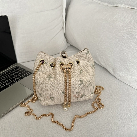 Bolso De Cubo Tejido De Paja Para Mujer Bordado Floral Cadena Dorada Perla Artificial Cordón Bandolera Elegante