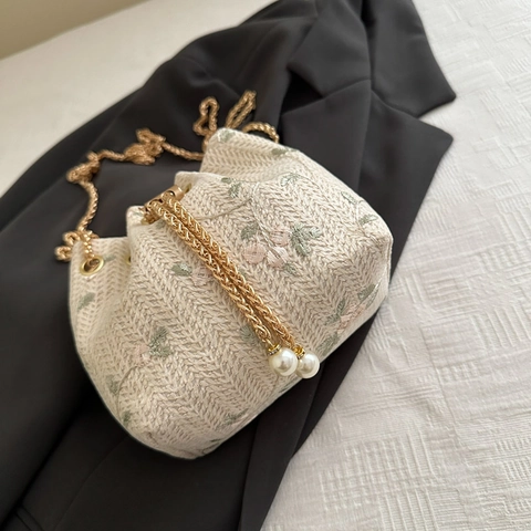 Bolso De Cubo Tejido De Paja Para Mujer Bordado Floral Cadena Dorada Perla Artificial Cordón Bandolera Elegante