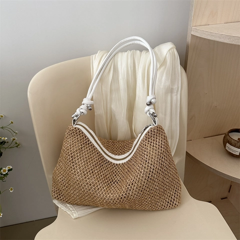 Gewebte Strohschultertasche Große Kapazität Sommer Strand Urlaub Tote Mit Knotengriff Retro Modische Damen Hobo Tasche