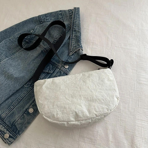 Crescent Crossbody Bag Crinkled Nylon Half Moon Dumpling Shape Adjustable Strap Casual Commuter For Women