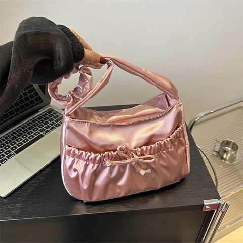 Satin Schultertasche Gerüscht Achseltasche Mit Schleife Plissee Nylon Cloud Bag Süß Chic Für Frauen