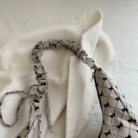 Gingham Bowknot Print Underarm Shoulder Bag For Women With Ruffled Strap Large Capacity Retro Korean Style Tote