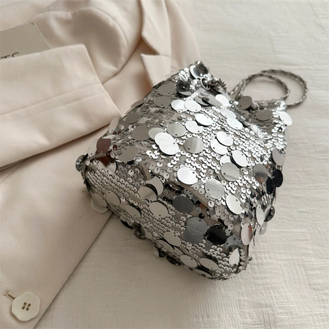 Pailletten Eimer Tasche Damen Glitzer Nylon Kette Schulter Umhängetasche Kordelzug Party Handtasche