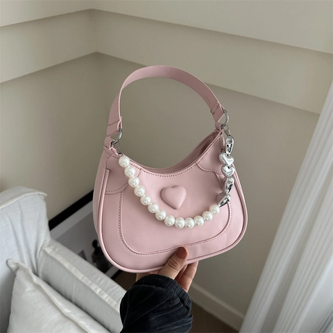 Damen Halbmond Hobo Tasche PU Leder Herz Geprägt Künstliche Perlenkette Dekor Unterarm Umhängetasche