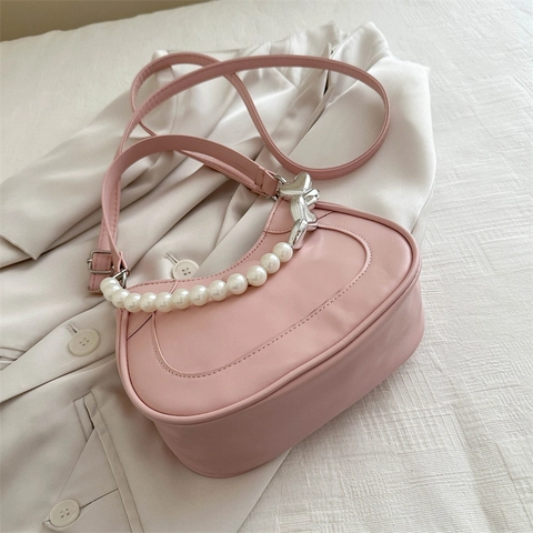 Damen Halbmond Hobo Tasche PU Leder Herz Geprägt Künstliche Perlenkette Dekor Unterarm Umhängetasche