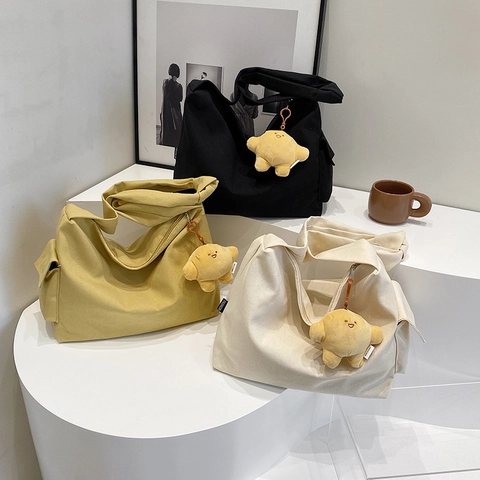 Canvas Shoulder Bag Large Capacity Casual Hobo Tote Wide Strap Outer Pocket Plush Star Pendant Zipper Closure Women Bag