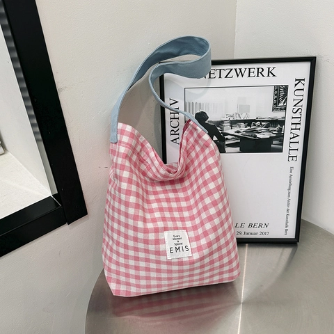Bolso Tote De Lona Cuadros Color En Contraste Bolso De Hombro Gran Capacidad Informal Para Mujeres Estudiantes