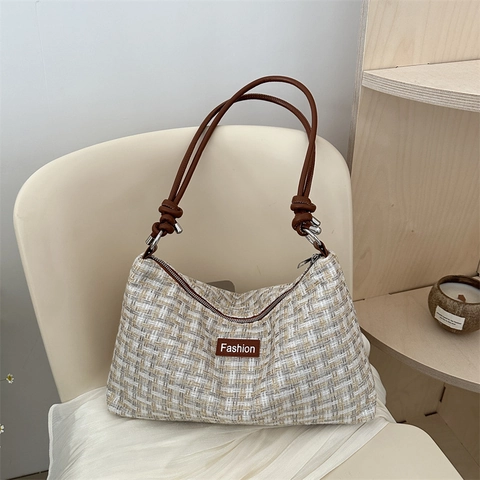 Vintage Karierte Tweed Unterachsel Umhängetasche Für Damen Große Kapazität Gewebte Tasche Mit Knotenem Lederriemen