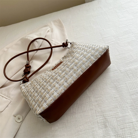 Vintage Karierte Tweed Unterachsel Umhängetasche Für Damen Große Kapazität Gewebte Tasche Mit Knotenem Lederriemen