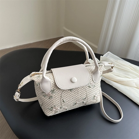Damen Stroh Gewebte Handtasche Blumen Stickerei Umhängetasche Sommer Strand Urlaub Stil