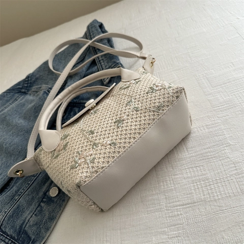 Damen Stroh Gewebte Handtasche Blumen Stickerei Umhängetasche Sommer Strand Urlaub Stil