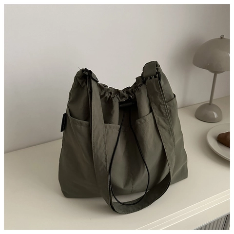 Bolso de Hombro Ligero de Nailon Con Cordón Gran Capacidad Color Sólido Bolso Tote Casual Para Mujeres Niñas