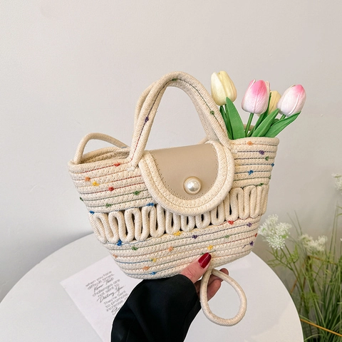 Borsa A Mano Intrecciata A Mano Pois Colorati Corda Di Cotone Borsa A Tracolla Con Bottone Di Perla Artificial Fiocco Di Pizzo