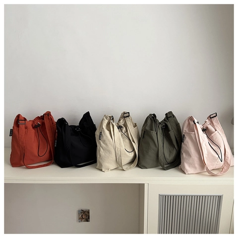 Bolso de Hombro Ligero de Nailon Con Cordón Gran Capacidad Color Sólido Bolso Tote Casual Para Mujeres Niñas