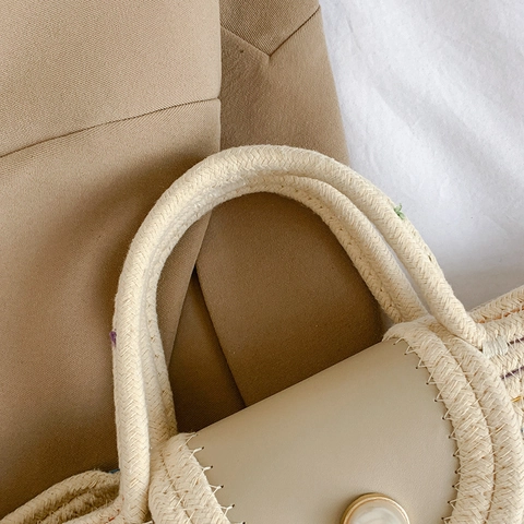 Borsa A Mano Intrecciata A Mano Pois Colorati Corda Di Cotone Borsa A Tracolla Con Bottone Di Perla Artificial Fiocco Di Pizzo