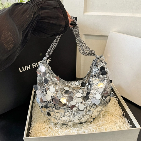 Sequin Underarm Shoulder Bag Sparkly Metal Chain Half Moon Dumpling Shape Trendy Party Handbag For Women