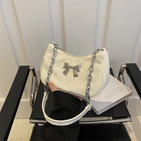 Borsa Sottobraccio Hobo Donna Pelle PU Fiocco Argentato Catena Y2K Dolce Fresco Versatile Piccola Borsa A Tracolla