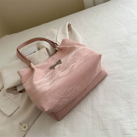 Women Crinkled PU Leather Tote Bag Fashion Large Capacity Shoulder Bag With Butterfly Metal Decor Daily Commute